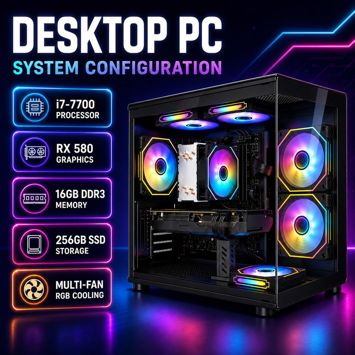 Desktop PC, i7-7700, RX 580 8GB, 16GB RAM, 256GB SSD, WiFi 6, Black