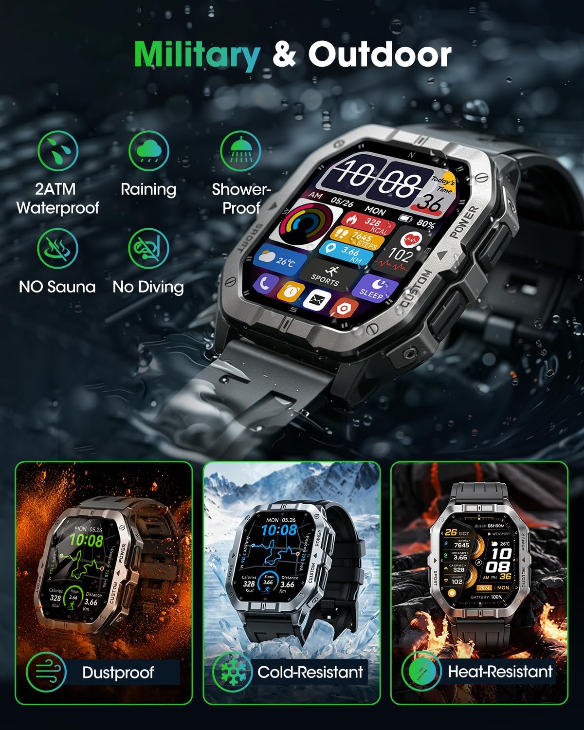 Military Smart Watch Built-in GPS,Bluetooth Calling, for iPhone & Android