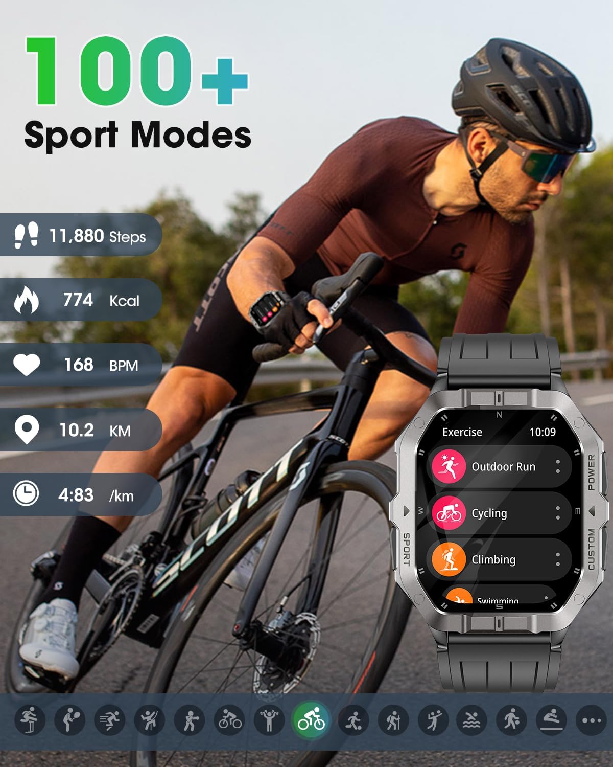 Military Smart Watch Built-in GPS,Bluetooth Calling, for iPhone & Android