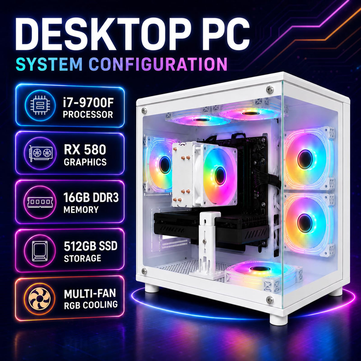 Desktop PC, i7-7700, RX 580 8GB, 16GB RAM, 256GB SSD, WiFi 6, Black