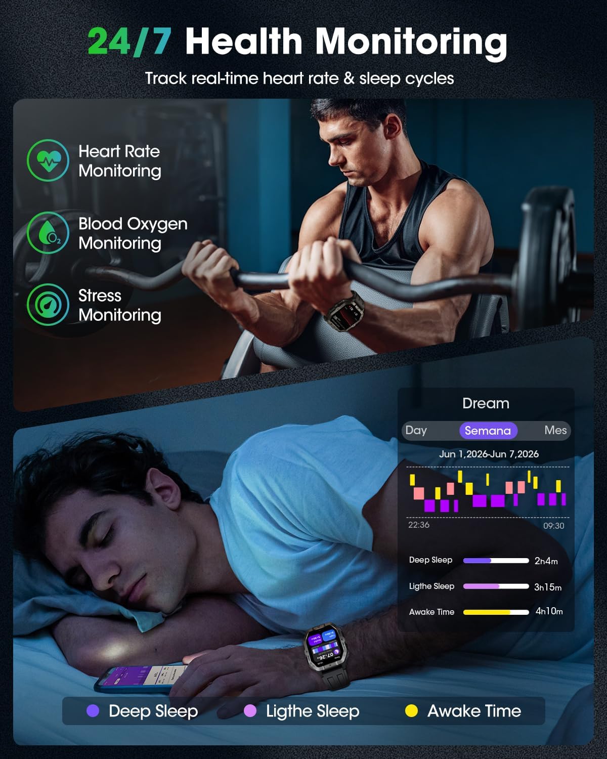 Military Smart Watch Built-in GPS,Bluetooth Calling, for iPhone & Android