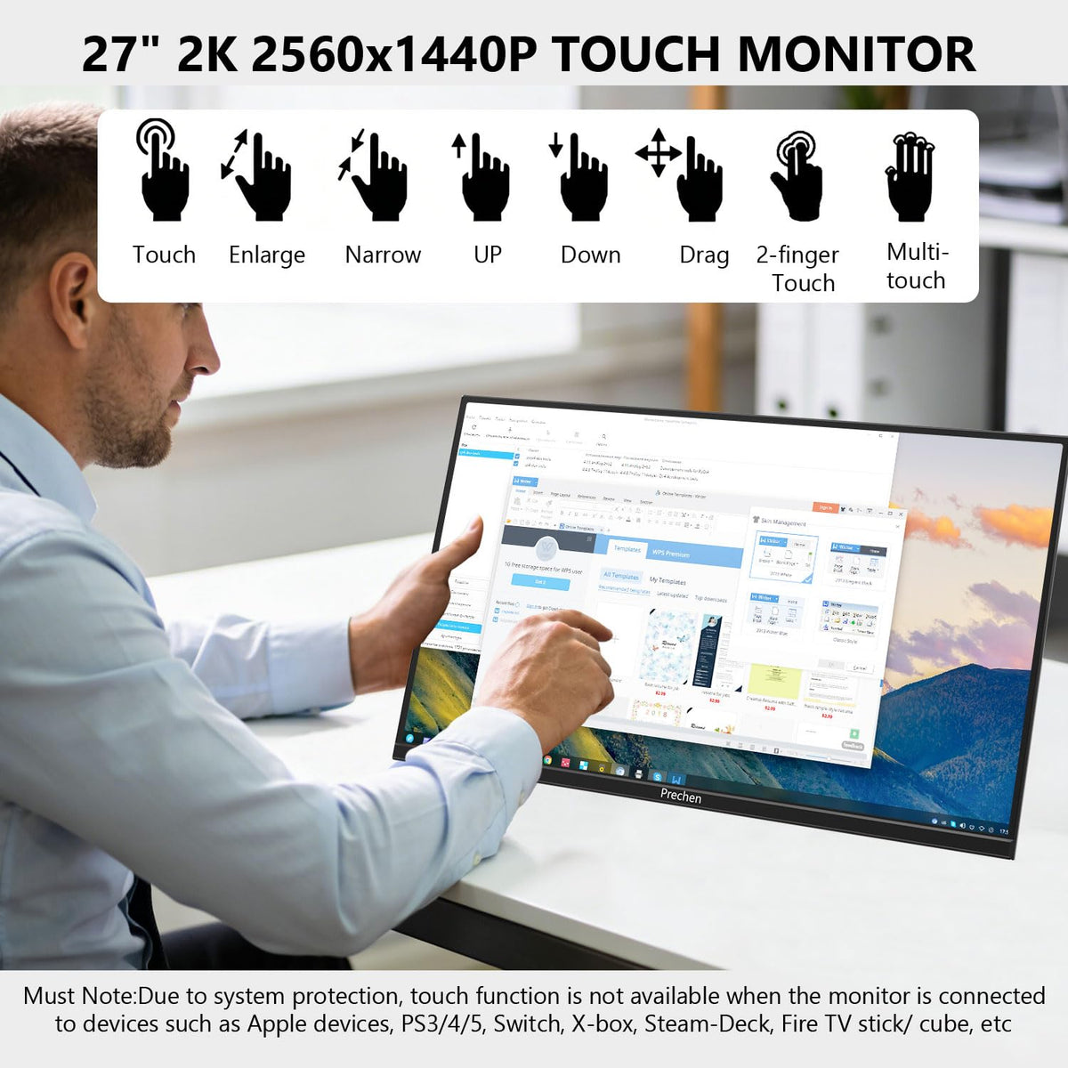 Prechen 23.8 Inch Dual Stacked Touchscreen Monitor, FHD IPS, 75Hz 65W USB-C Charging Computer Monitors 10 Point Touch, 99% sRGB, VESA USB-C/HDMI, Dual Touch Monitor for Laptop, Mac, Windows