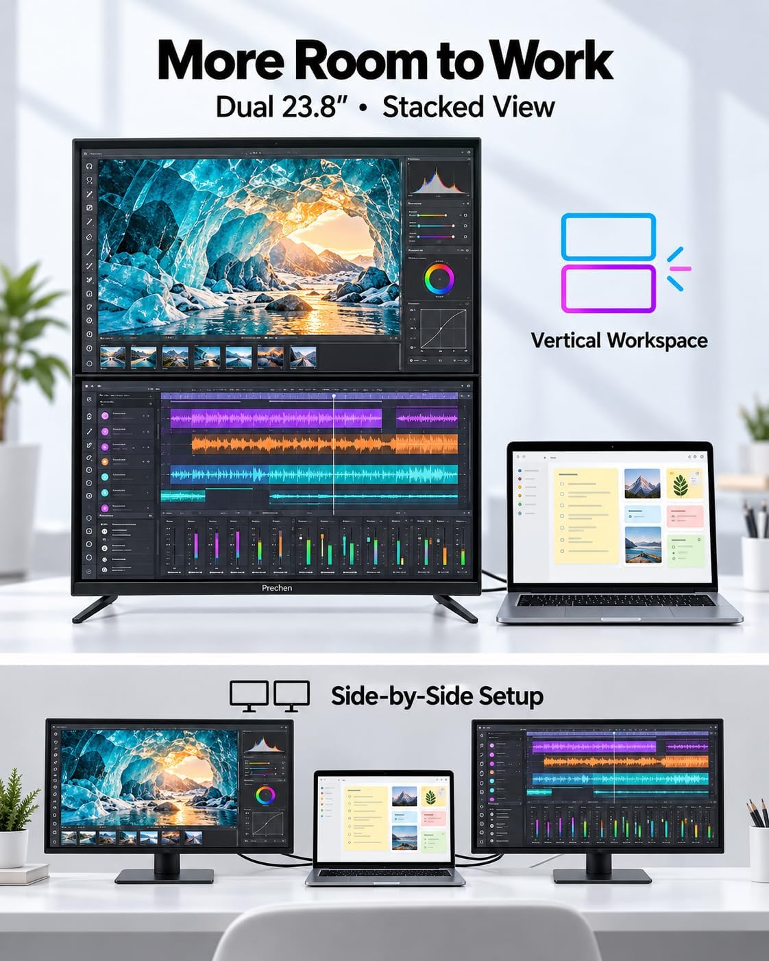 Prechen 23.8 Inch Dual Stacked Touchscreen Monitor, FHD IPS, 75Hz 65W USB-C Charging Computer Monitors 10 Point Touch, 99% sRGB, VESA USB-C/HDMI, Dual Touch Monitor for Laptop, Mac, Windows