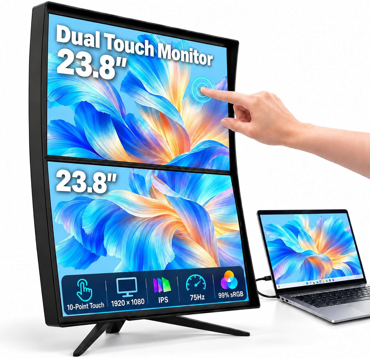 Prechen 23.8 Inch Dual Stacked Touchscreen Monitor, FHD IPS, 75Hz 65W USB-C Charging Computer Monitors 10 Point Touch, 99% sRGB, VESA USB-C/HDMI, Dual Touch Monitor for Laptop, Mac, Windows