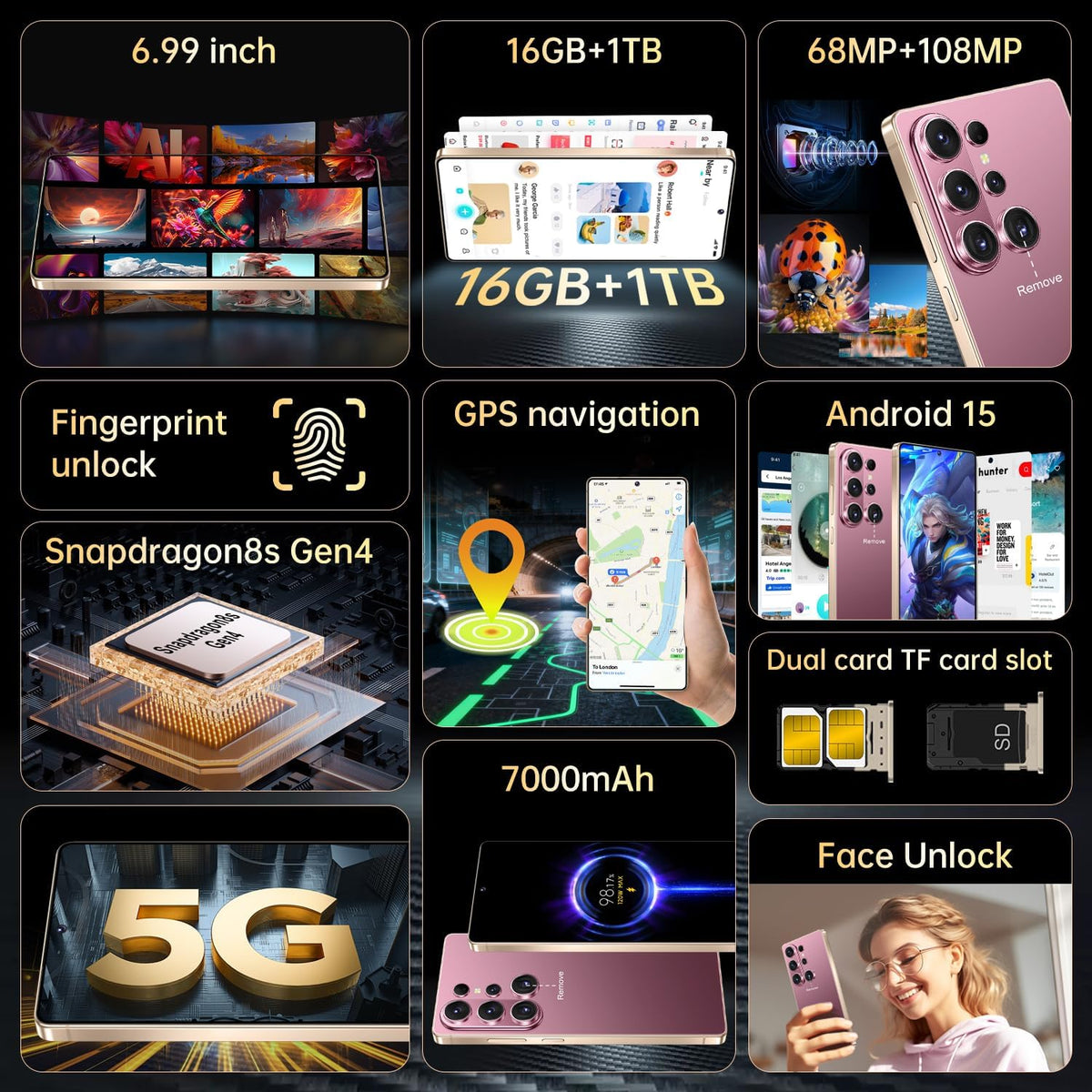 26 Ultra Unlocked Phone 16+1TB,Built in Pen The Phone,Battery 7000mAh 7.0" HD Screen,Android 15 Smartphone,Face ID/5G/Fingerprint Lock/Dual SIM/GPS (Rose Gold)