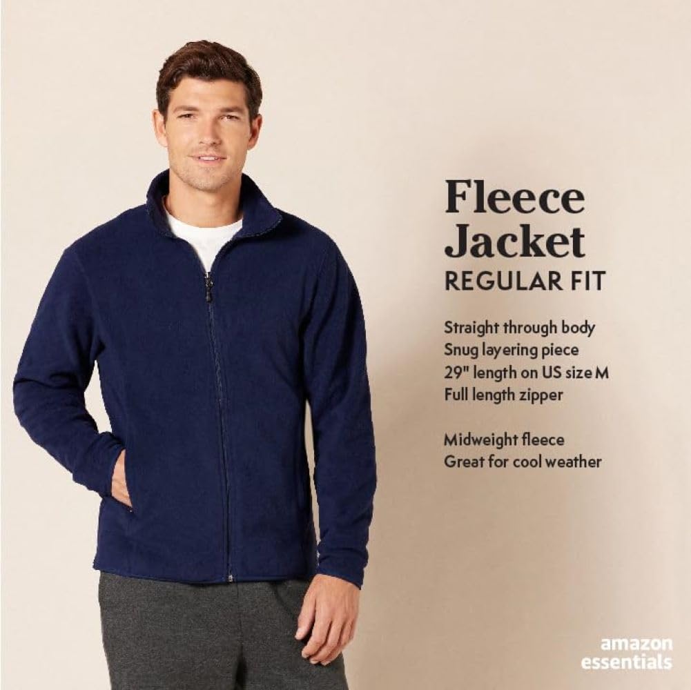 Amazon Essentials Men's Full-Zip Polar Fleece Jacket with Zippered Pockets for Cold Outdoor Weather