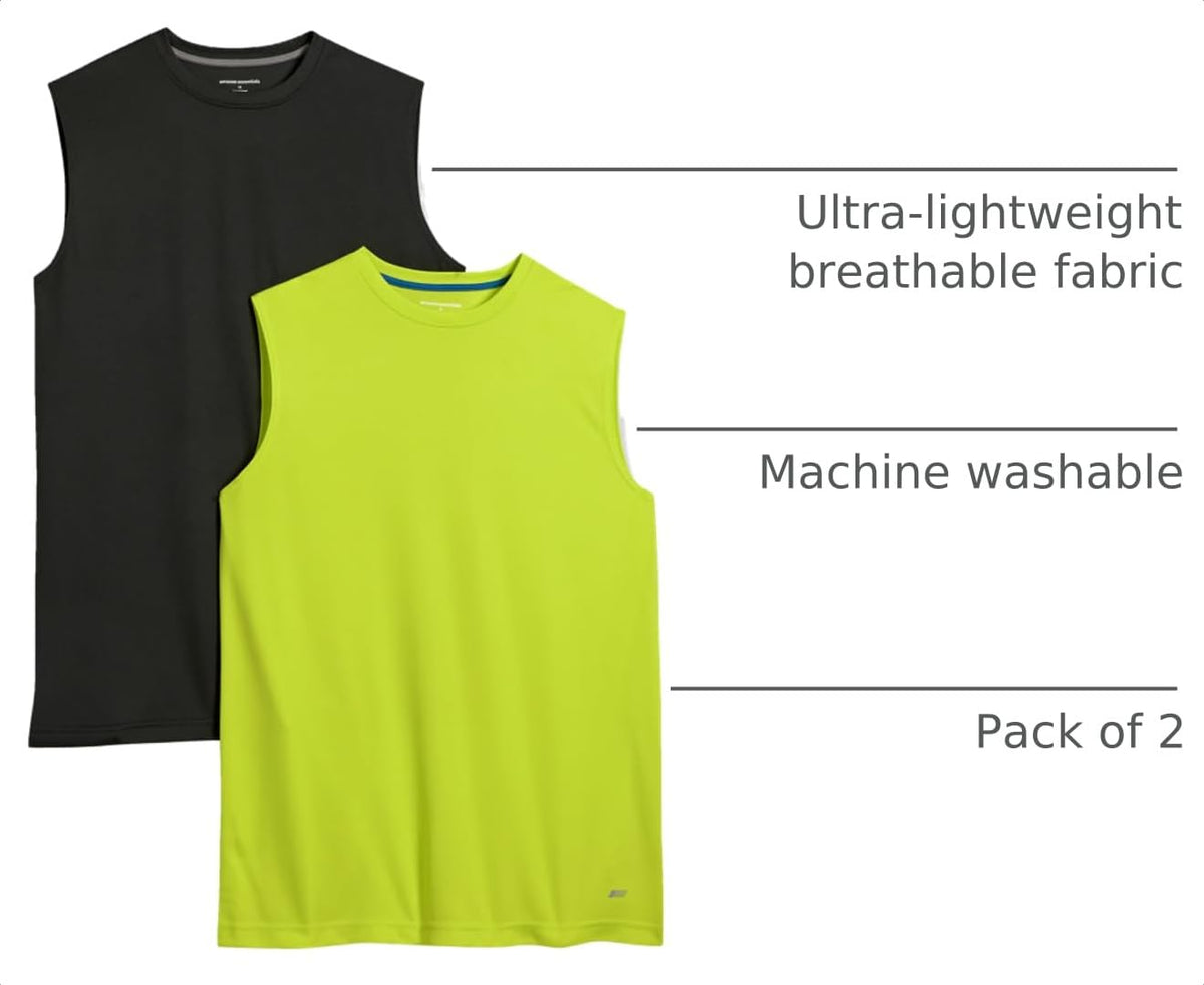 Amazon Essentials Men's Active Performance Tech Muscle Sleeveless Top, Breathable Moisture Wicking Workout Shirt, Pack of 2