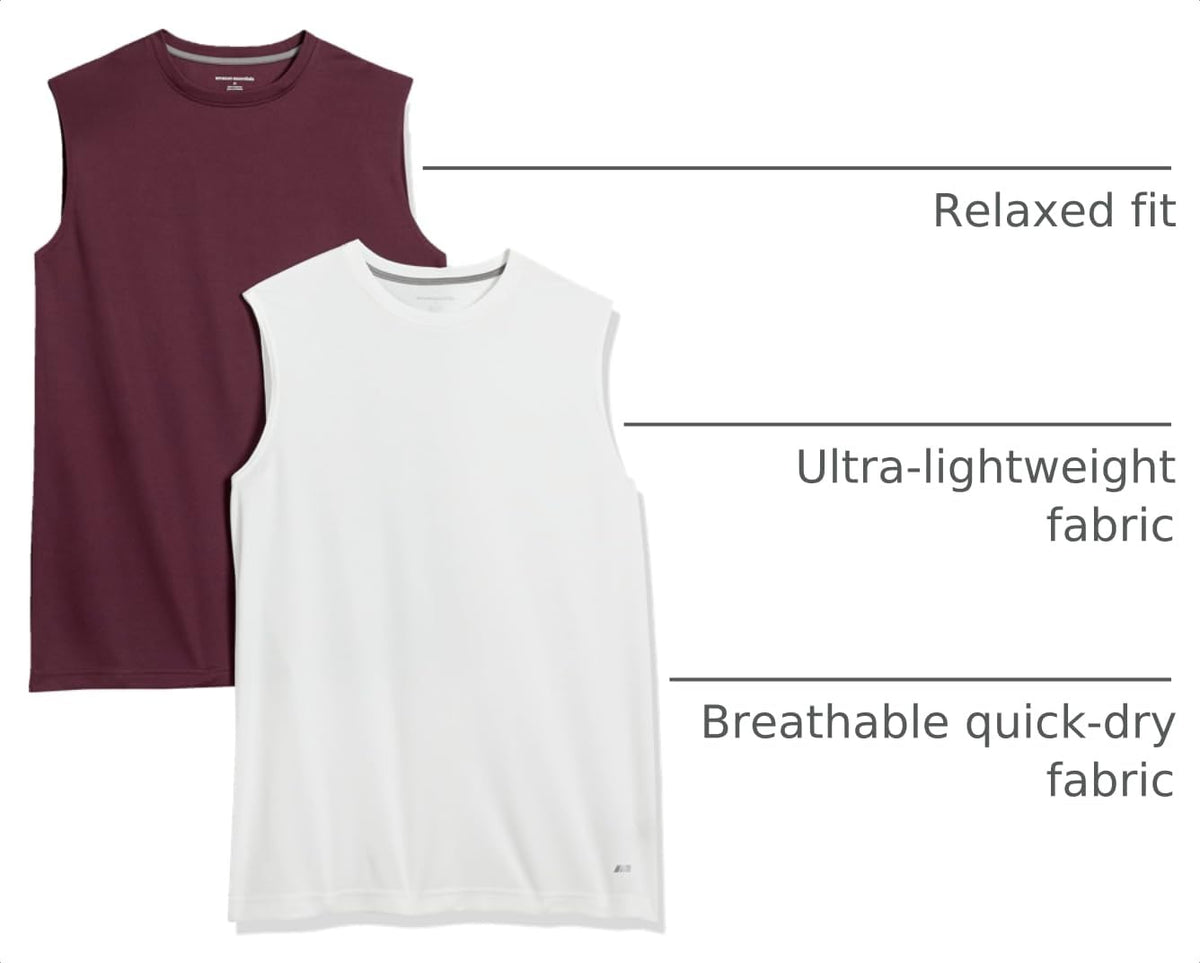 Amazon Essentials Men's Active Performance Tech Muscle Sleeveless Top, Breathable Moisture Wicking Workout Shirt, Pack of 2