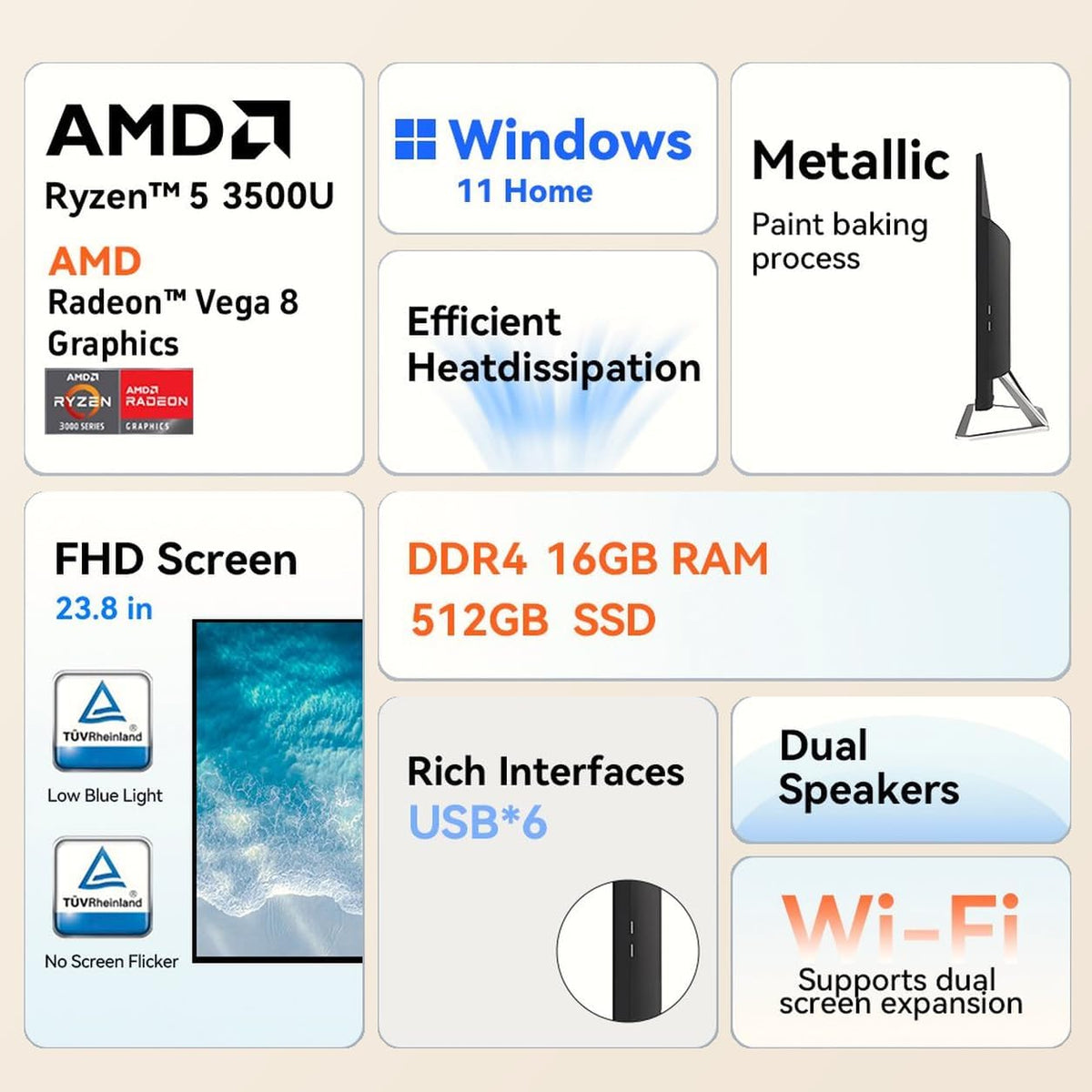 AOC 24" All-in-One Desktop Computer, 16GB RAM 512GB SSD, FHD Windows 11 AIO