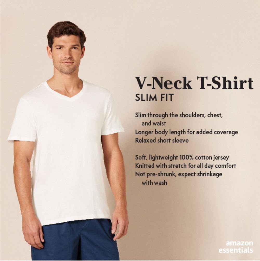 Amazon Essentials Men's Slim Fit V-Neck Undershirt, Breathable Cotton, Pack of 6