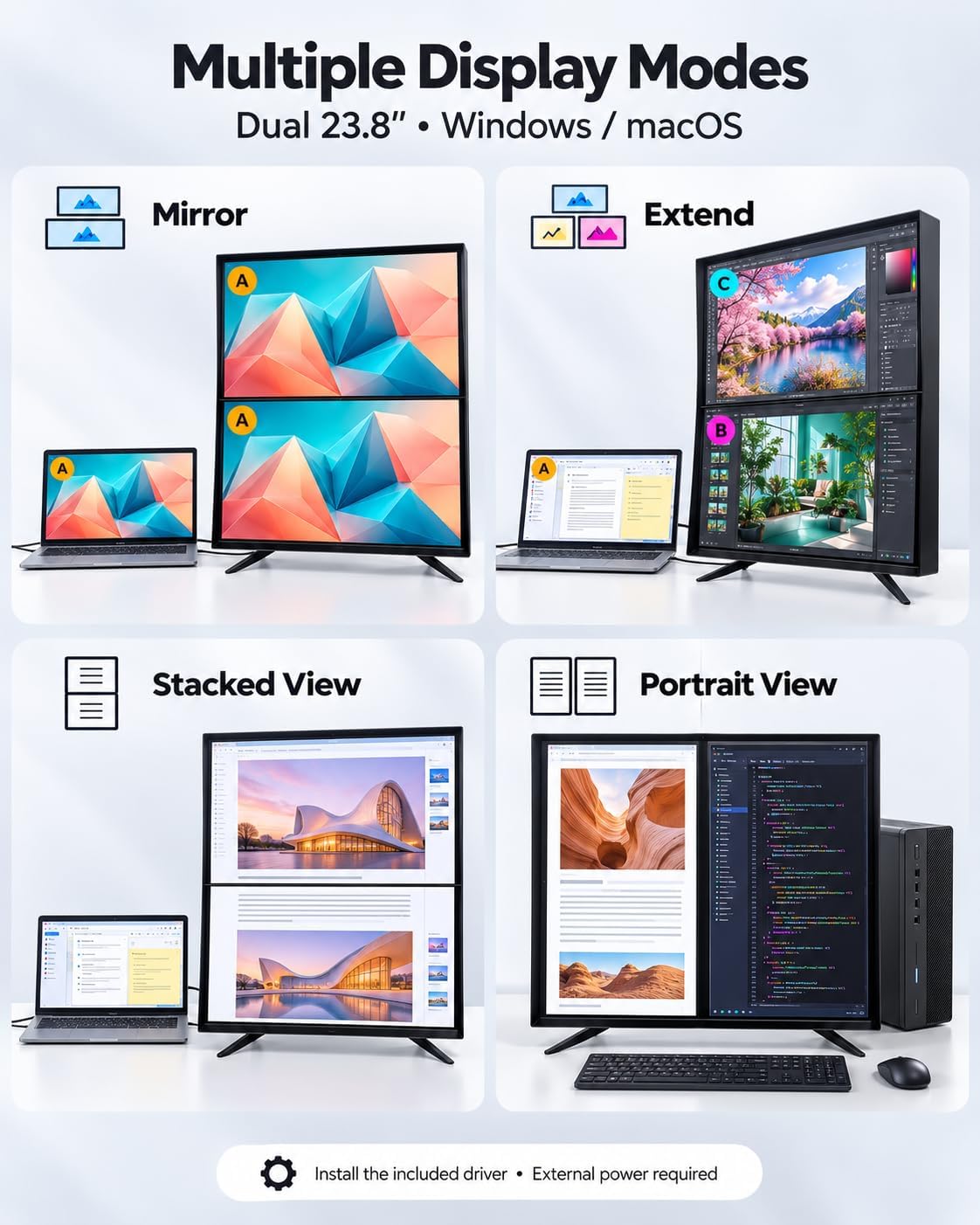 Prechen 23.8 Inch Dual Stacked Touchscreen Monitor, FHD IPS, 75Hz 65W USB-C Charging Computer Monitors 10 Point Touch, 99% sRGB, VESA USB-C/HDMI, Dual Touch Monitor for Laptop, Mac, Windows