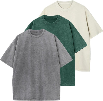 Men's Cotton T-Shirts Oversized Unisex Short Sleeves Casual Loose Wash Solid Basic Tee Tops