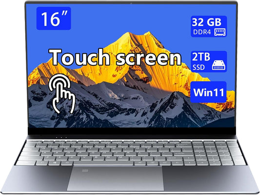 16-inch touchscreen portable laptop, with high-end all-metal body,32GB DDR4+2TB SSD, N95 quad-core 3.4GHz processor, fingerprint recognition and backlit keyboard,1920×1080, supports WiFi,Win11