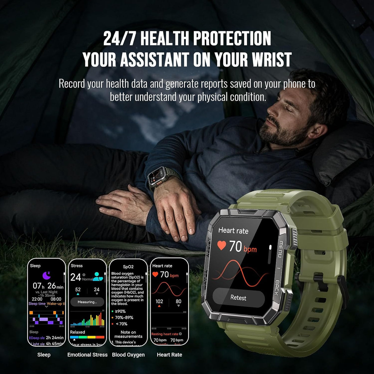Military Smart Watch for Men with 100-Day Standby/Flashlight/Compass