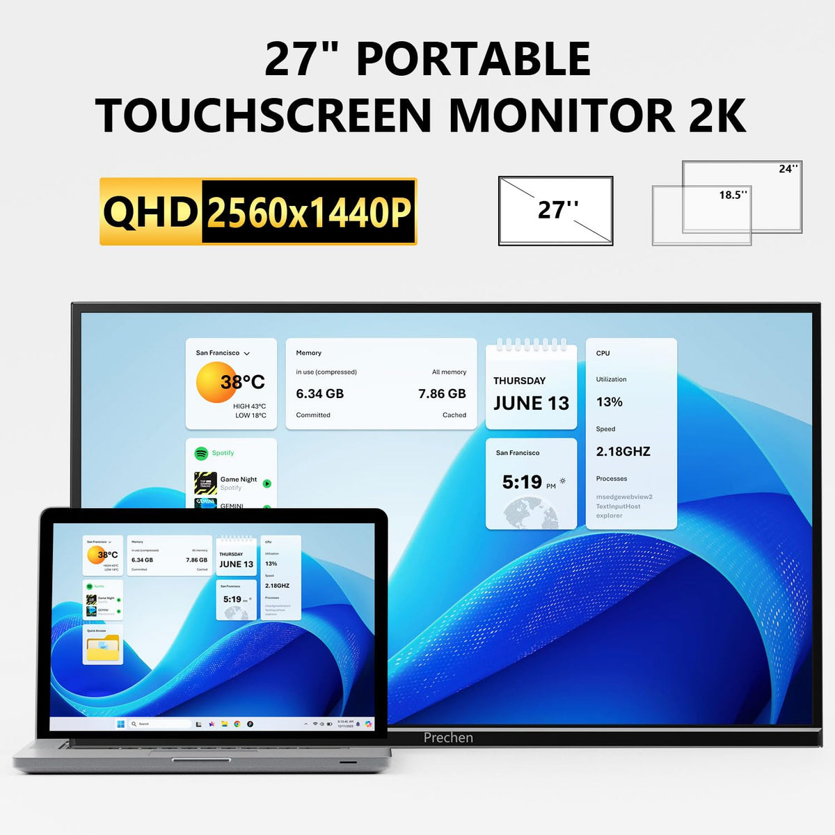 Prechen 23.8 Inch Dual Stacked Touchscreen Monitor, FHD IPS, 75Hz 65W USB-C Charging Computer Monitors 10 Point Touch, 99% sRGB, VESA USB-C/HDMI, Dual Touch Monitor for Laptop, Mac, Windows