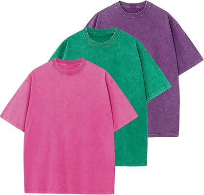 Men's Cotton T-Shirts Oversized Unisex Short Sleeves Casual Loose Wash Solid Basic Tee Tops