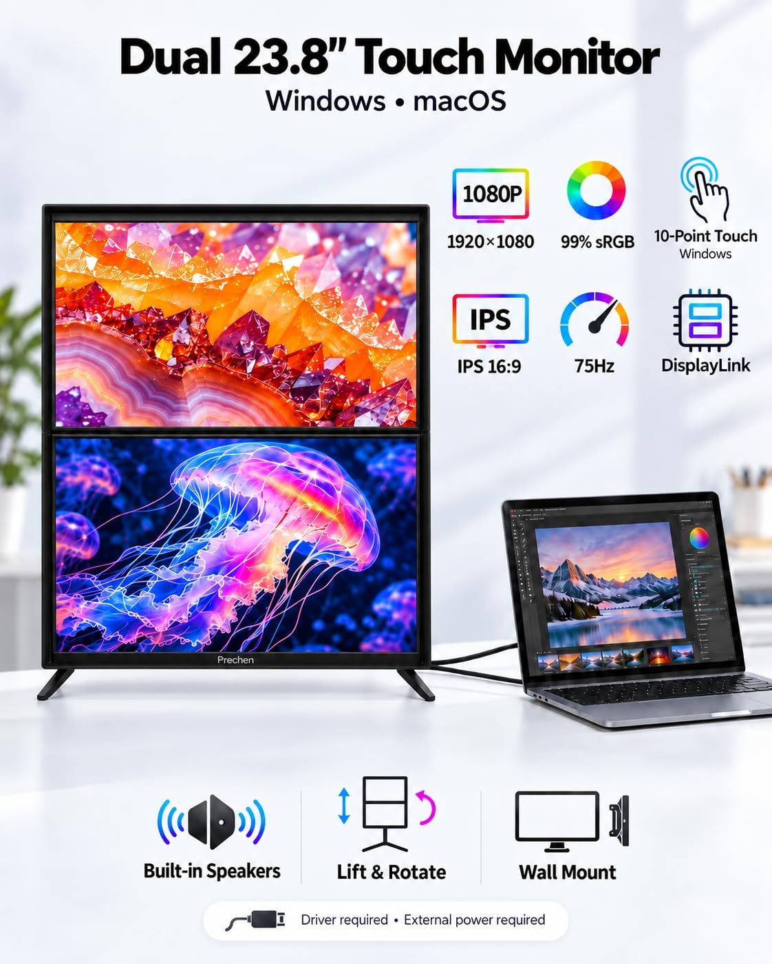 Prechen 23.8 Inch Dual Stacked Touchscreen Monitor, FHD IPS, 75Hz 65W USB-C Charging Computer Monitors 10 Point Touch, 99% sRGB, VESA USB-C/HDMI, Dual Touch Monitor for Laptop, Mac, Windows