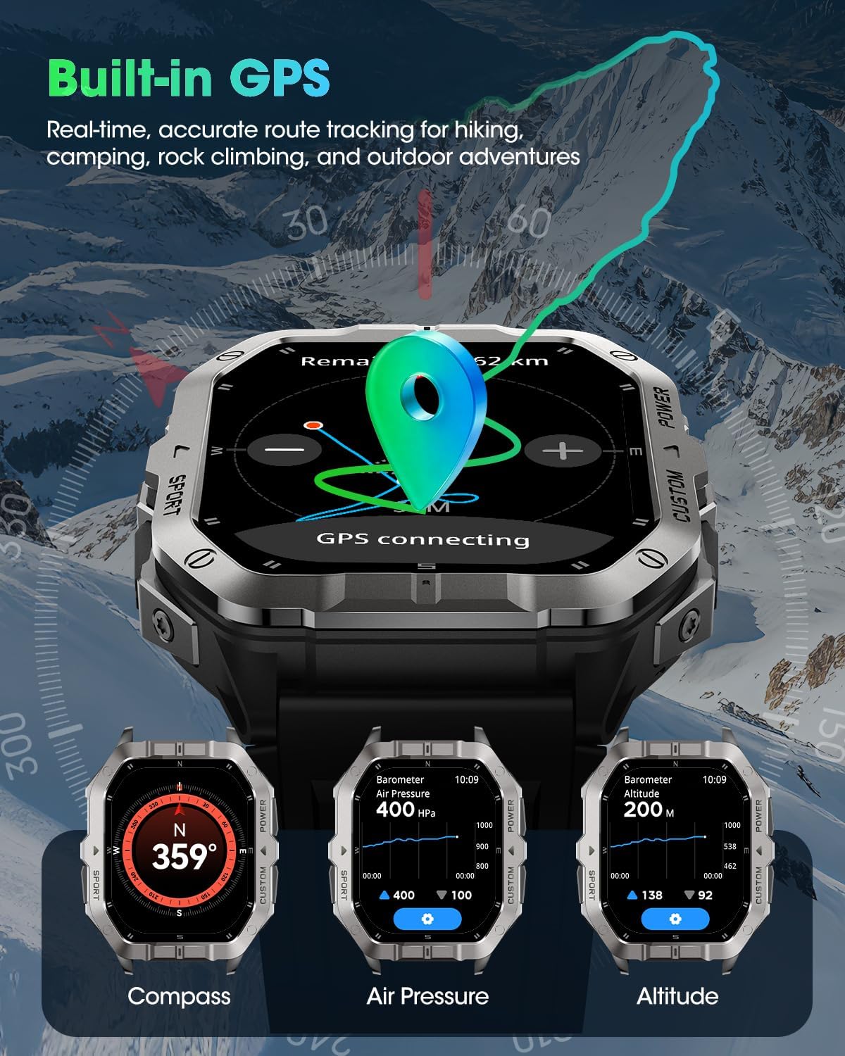Military Smart Watch Built-in GPS,Bluetooth Calling, for iPhone & Android