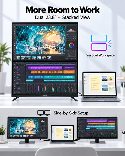 Prechen 23.8 Inch Dual Stacked Touchscreen Monitor, FHD IPS, 75Hz 65W USB-C Charging Computer Monitors 10 Point Touch, 99% sRGB, VESA USB-C/HDMI, Dual Touch Monitor for Laptop, Mac, Windows
