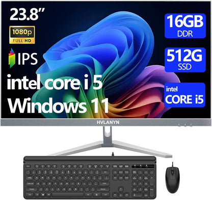23.8-Inch Fhd All-in-One Desktop Compute,Core i5, 16GB DDR RAM,512GB PCIe SSD,1920x1080 FHD Display, WiFi, Bluetooth,Mouse and Keyboard Include