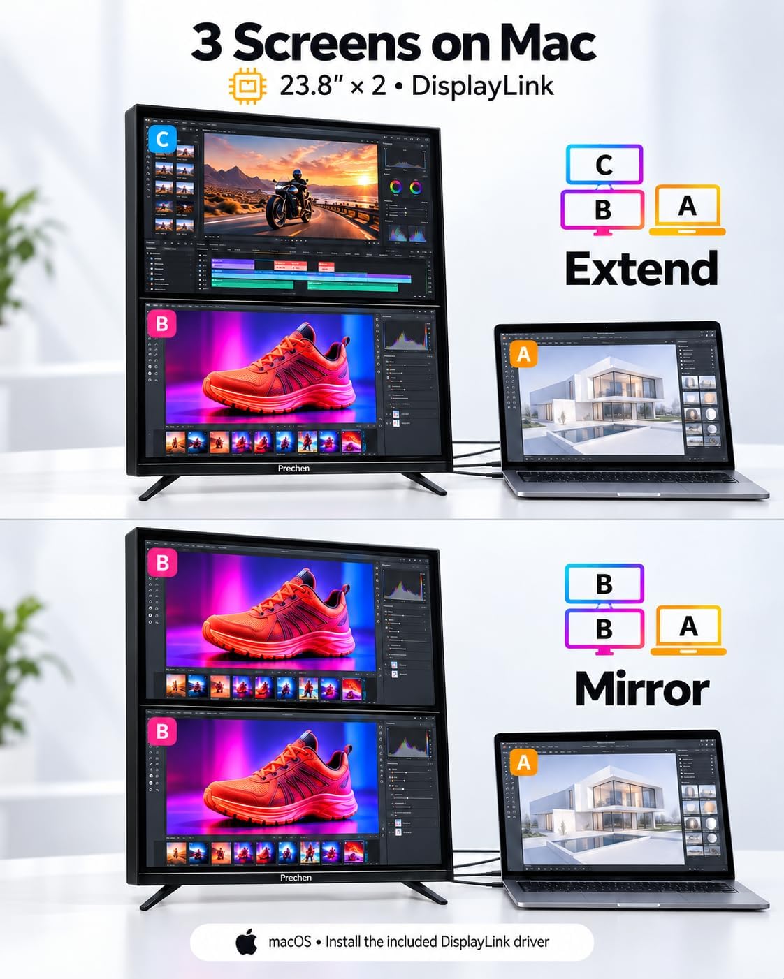 Prechen 23.8 Inch Dual Stacked Touchscreen Monitor, FHD IPS, 75Hz 65W USB-C Charging Computer Monitors 10 Point Touch, 99% sRGB, VESA USB-C/HDMI, Dual Touch Monitor for Laptop, Mac, Windows