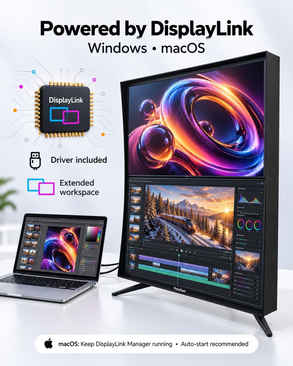 Prechen 23.8 Inch Dual Stacked Touchscreen Monitor, FHD IPS, 75Hz 65W USB-C Charging Computer Monitors 10 Point Touch, 99% sRGB, VESA USB-C/HDMI, Dual Touch Monitor for Laptop, Mac, Windows