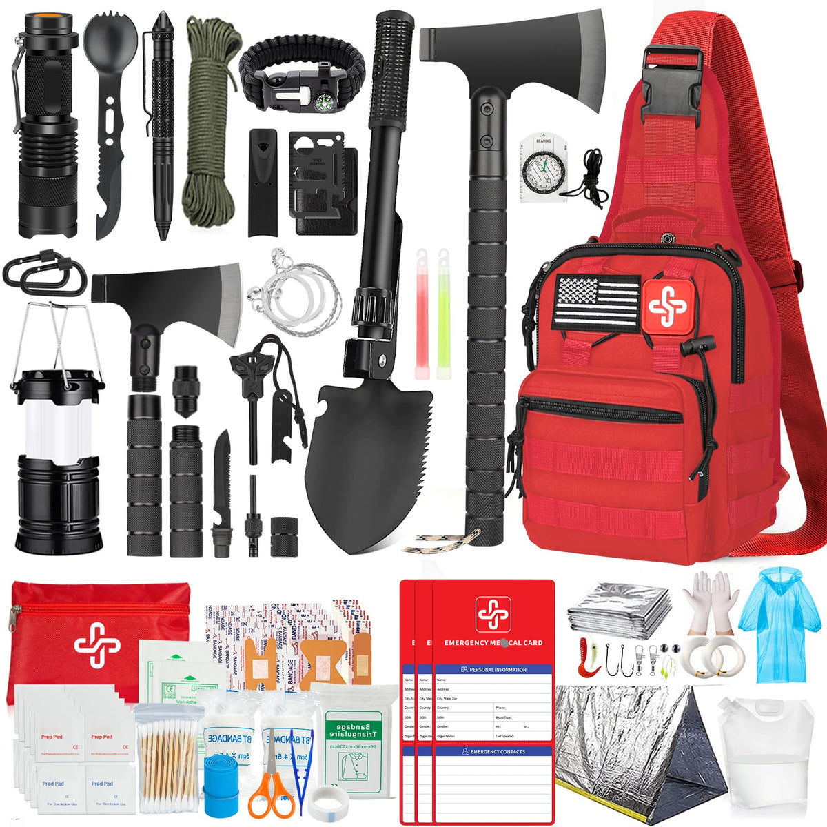 Survival Kit, 262Pcs Survival Gear and Supplies with First Aid Kit Pouch and Crossbody Bag, Emergency Kit with Tent, Camping Axe Hammer, Survival Shovel w/Pick, Bug Out Bag Gifts for Men Women