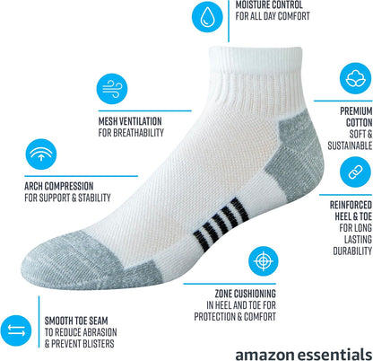 Amazon Essentials Men's Athletic Quarter Ankle Socks with Cushioned Arch Support, 6 Pairs