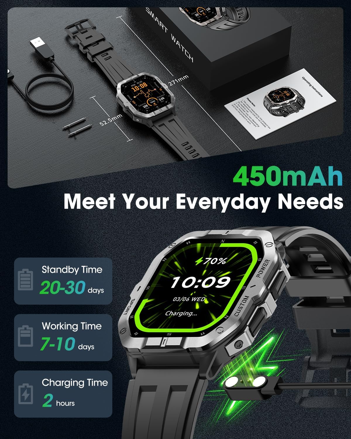 Military Smart Watch Built-in GPS,Bluetooth Calling, for iPhone & Android