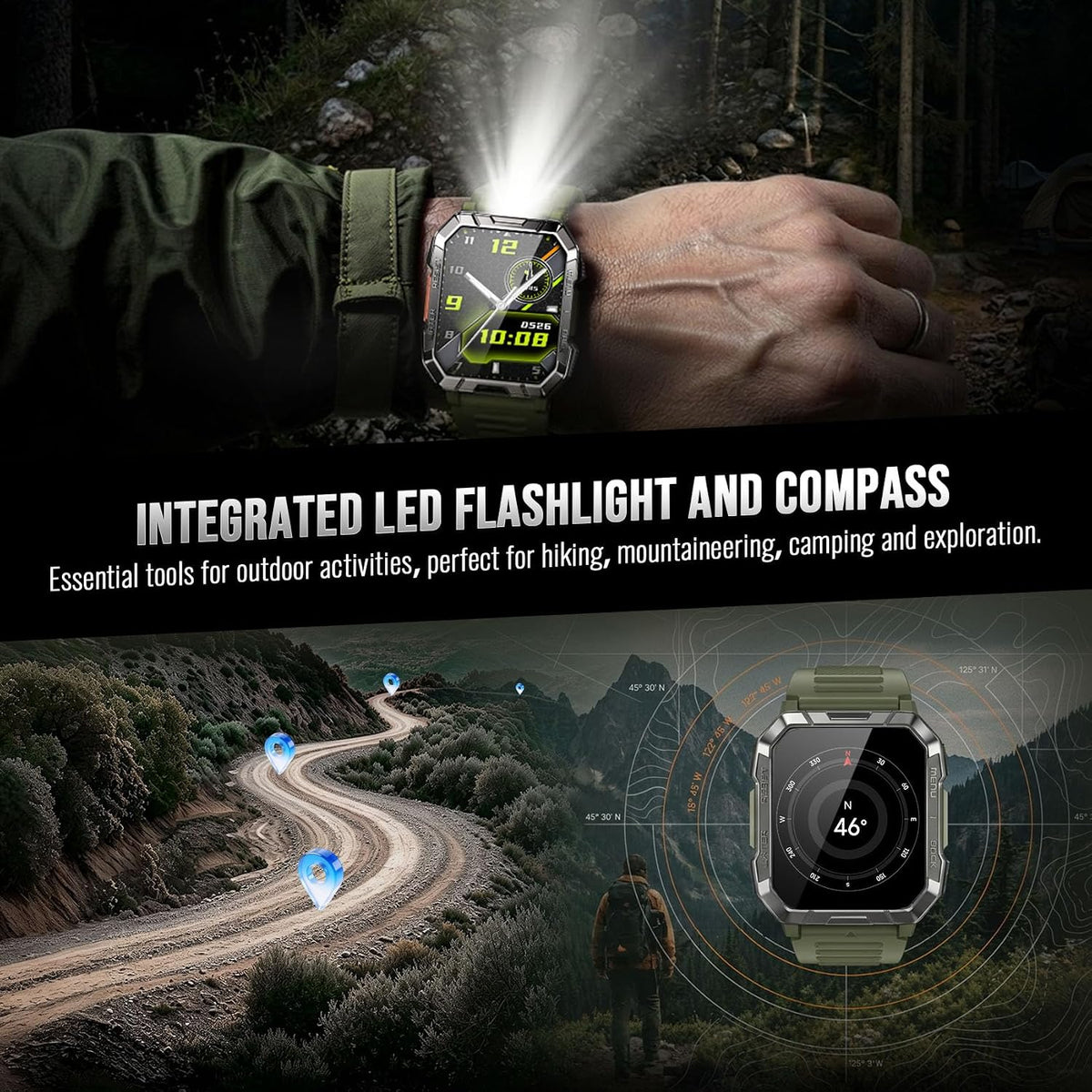 Military Smart Watch for Men with 100-Day Standby/Flashlight/Compass